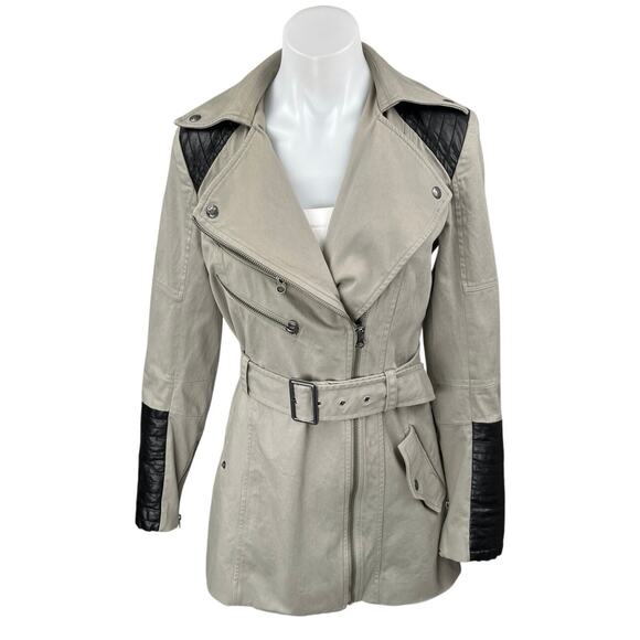 Guess Women's Tan Leather Trim Long Sleeve Zip Up Belted Trench Coat Jacket Sz S - Picture 1 of 5